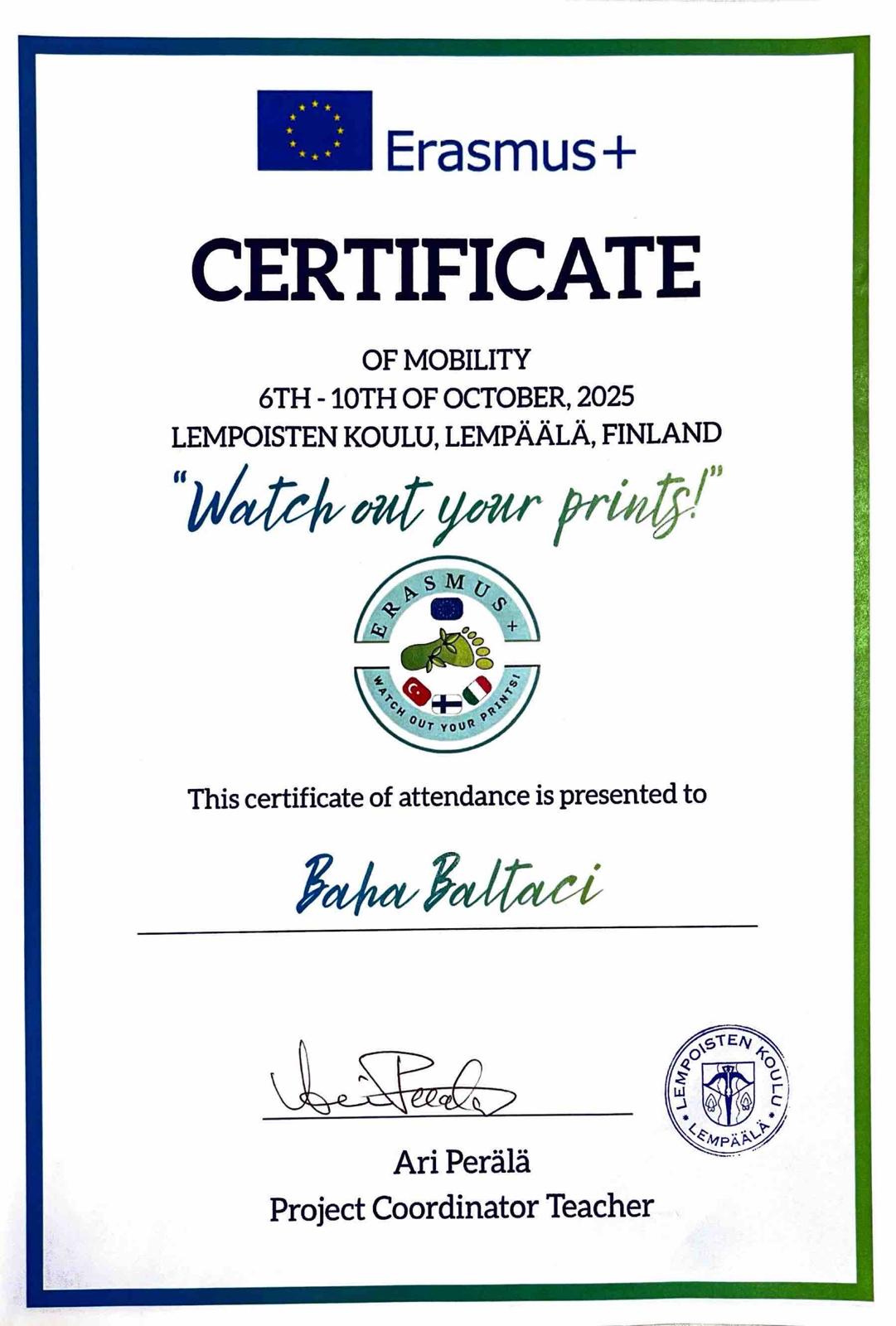 Erasmus+ Finland Certificate 2025